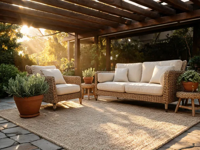 Outdoor washable rug on a covered patio