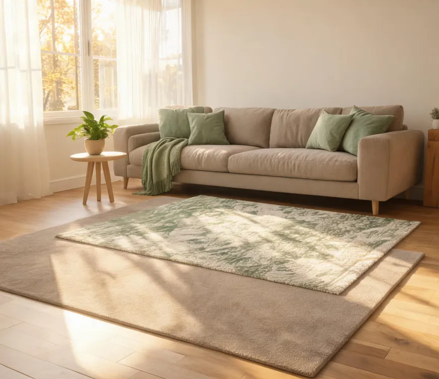 Washable rug layered in a warm living room
