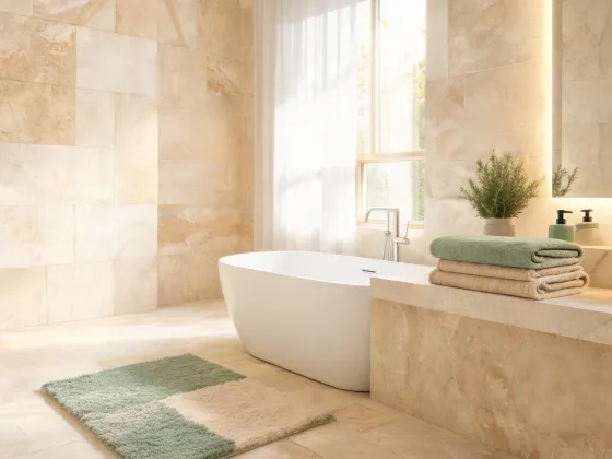 Bathroom with soft washable bath rug