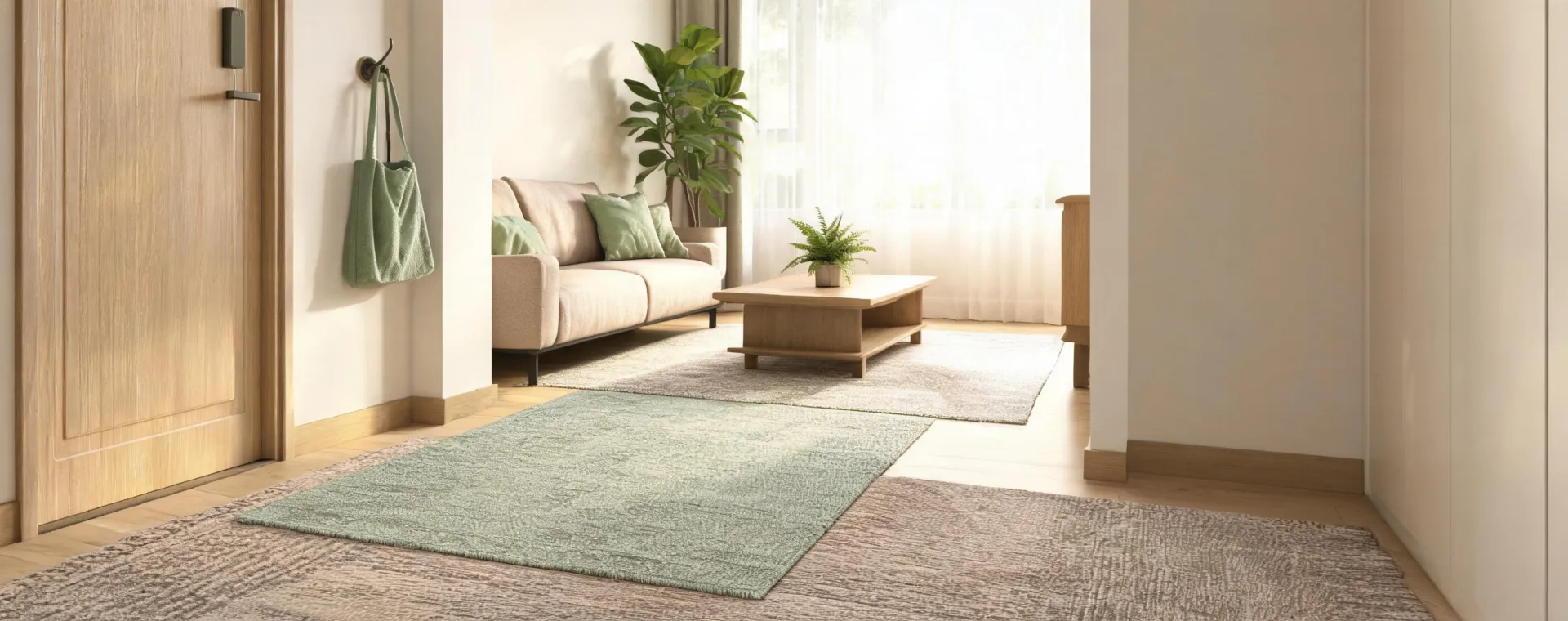 Layered rugs through a warm home entry