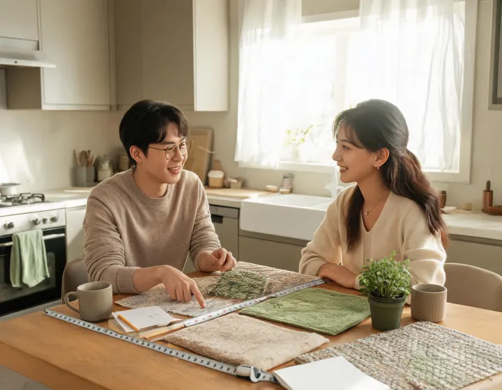 Advisor reviewing washable rug samples in a bright home